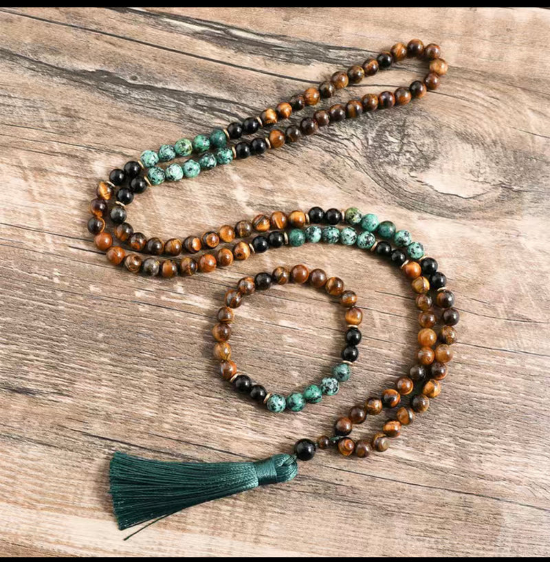 Tiger eye & black onyx, beaded necklace and bracelet set