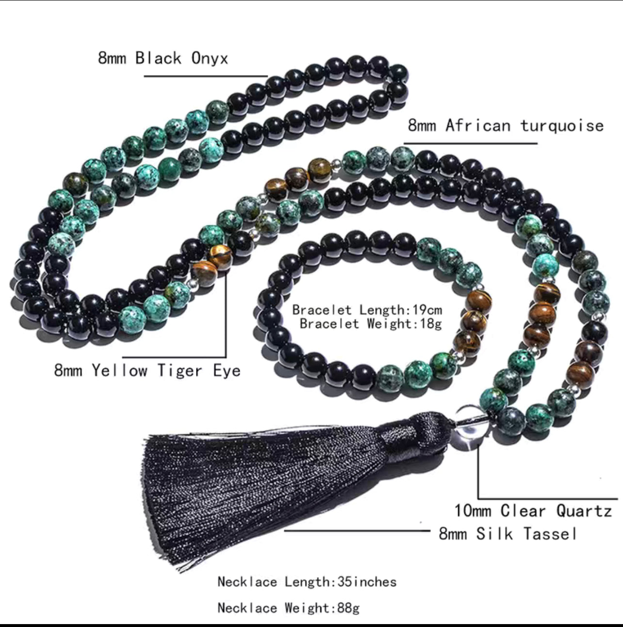 8mm Black Agate African Pine Yellow Tiger Eye Beaded Jewelry With Necklace And Bracelet
